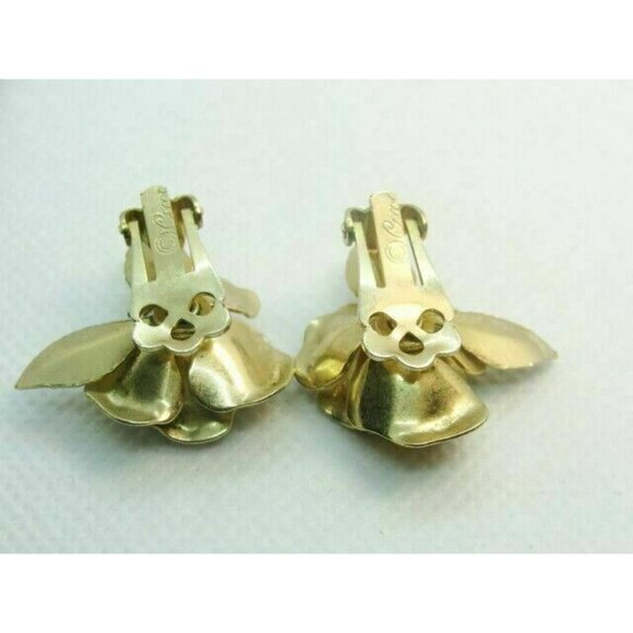 Woman's Earrings Coro Vintage Clip-On Gold-tone Flower Center Stone - Picture 7 of 8